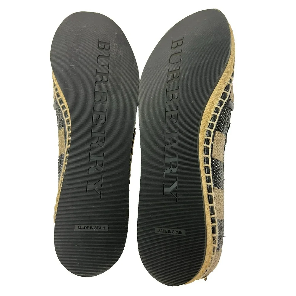 New‎ Burberry Espradrille Flat Shoe Black Tan Stripe Slip-on Rubber Sole SZ 38.5